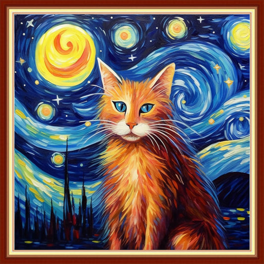 Disxvivy Cross Stitch Stamped Full Embroidery Kits DIY 11CT Cotton Thread Printed DIY Needlepoint Kits Craft Needlework Set Cross-Stitch Stamped Sets-Cat Starry Sky 18x18 inch
