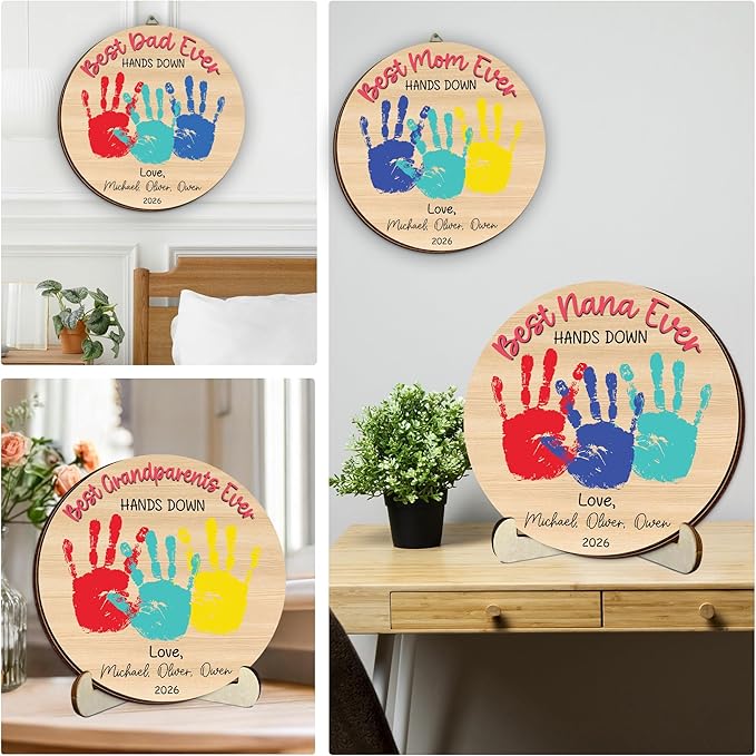 Personalized Hands Down Best Grandma Ever Handprint Kit with Non-Toxic Paint, Family Craft Wooden Sign, Fathers Day Handprint Plaque Keepsake, Valentines Day Birthday Gift for Mom, Dad, Grandma, Nana