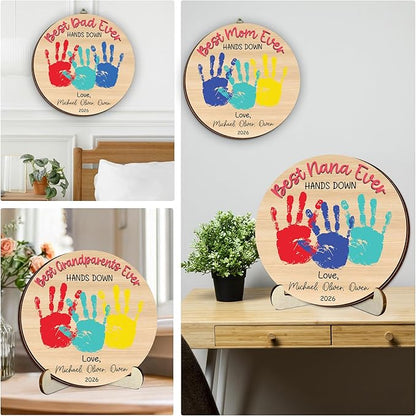 Personalized Hands Down Best Grandma Ever Handprint Kit with Non-Toxic Paint, Family Craft Wooden Sign, Fathers Day Handprint Plaque Keepsake, Valentines Day Birthday Gift for Mom, Dad, Grandma, Nana