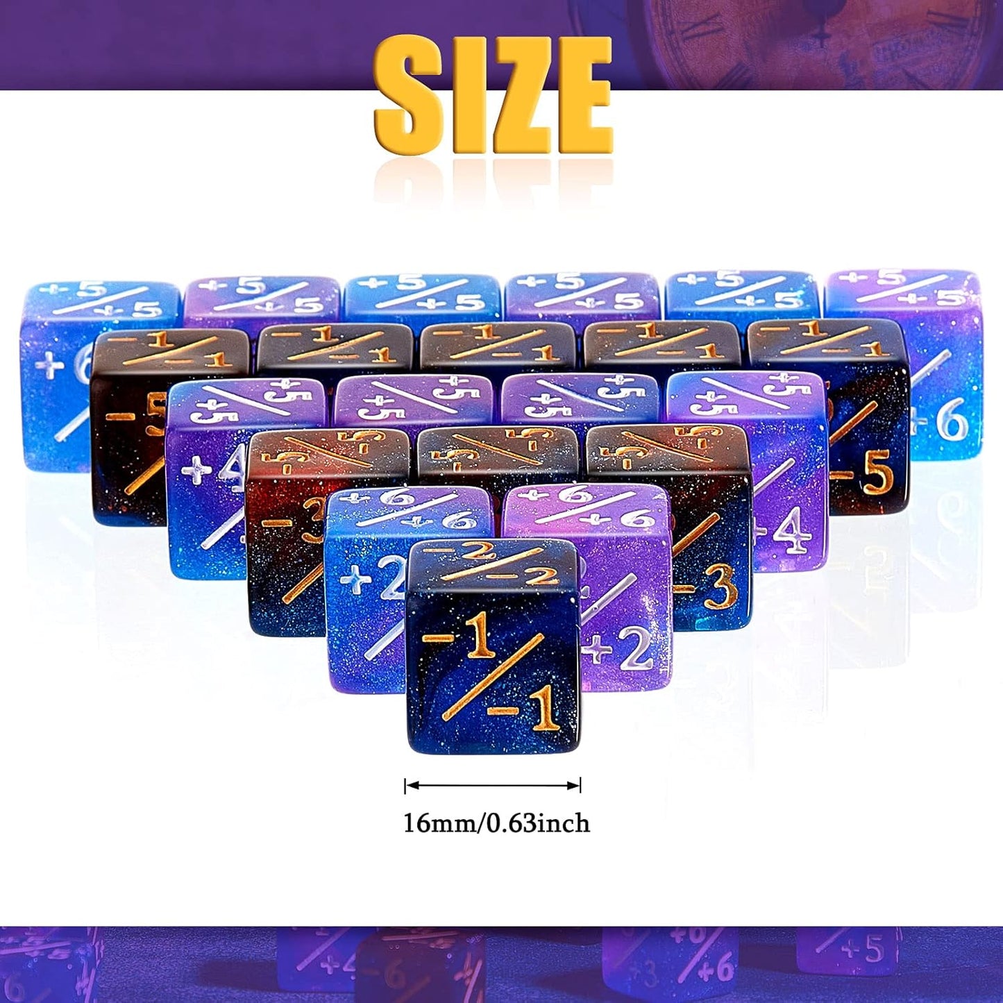 Sumind 24 Pcs Magic Life Counter Dice -1/+1 Counters Commander Buff Tokens 6 Sided Dice Loyalty Life Gifts Compatible with MTG CCG TCG Cards Gaming Accessory (Artsy Style)