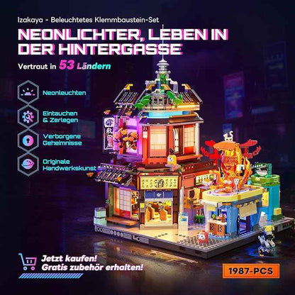 FUNWHOLE Cyberpunk Japanese-Izakaya Lighting-Building-Bricks Set - Cyberpunk Neon City Future Pub Japanese Street View House Collection LED Light Model Set 1987 Pcs for Adults and Sci-fi Lovers