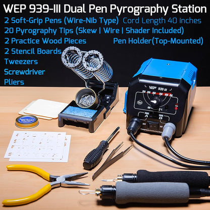 WEP 939-III Dual Pen Wood Burning Kit 34-IN-1 with 20 Woodburning Tips Soft-Grip Pyrography Pen with 2 Stencils, 2 Unfinished Wood, 1 Pen Holder Professional Wood Burner Tool - Crafty Corner