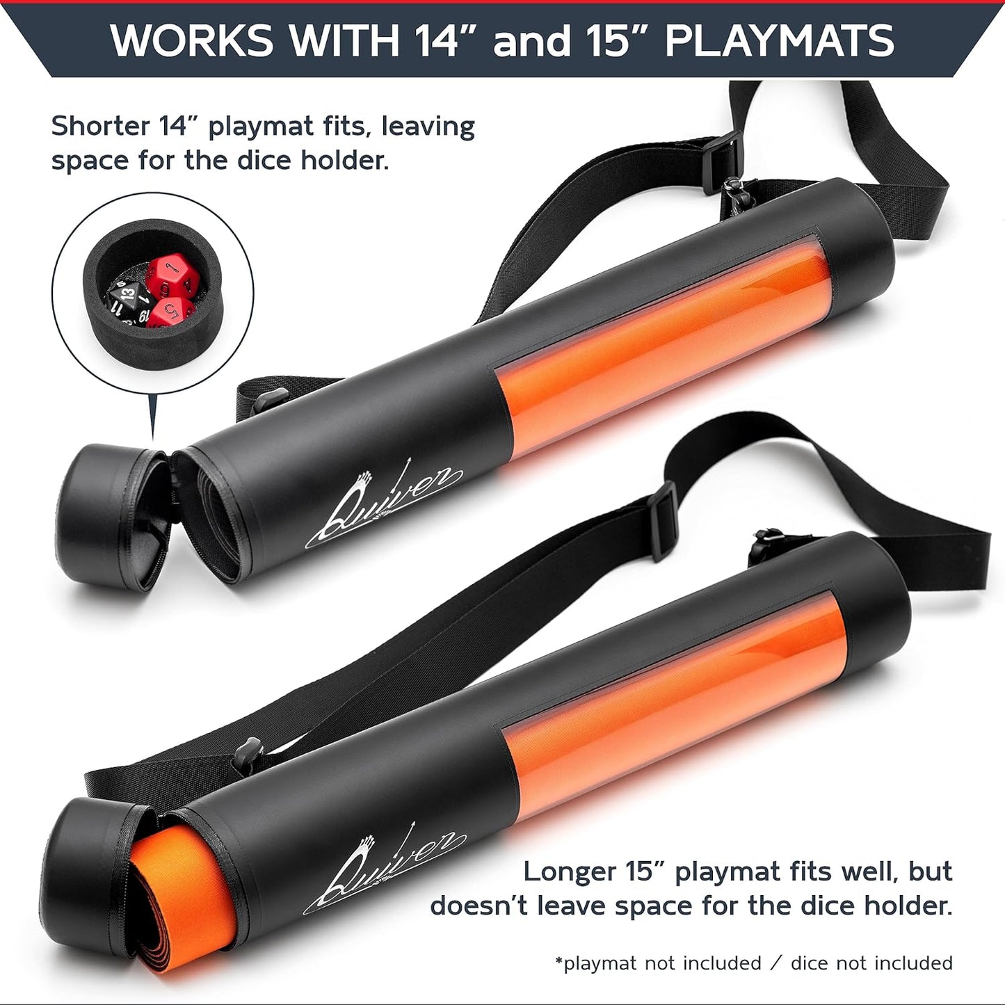 Quiver Time Black XL Orion Playmat Tube - TCG MtG Playmat Tube Case with Waterproof Zipper, Hidden Dice Pocket, Adjustable Removable Shoulder Strap, See-Through Window, Fits 14" and 15" playmats