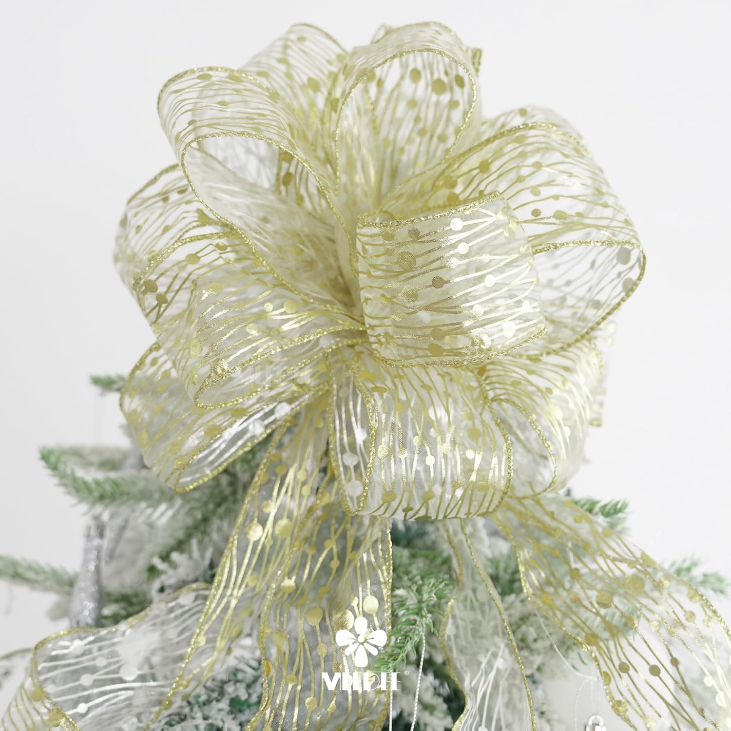 MEEDEE Gold Wired Ribbon - 2.5 Inch Sheer Organza With Horizontal Stripes and Polka Dots - 25 Yards for Gift Wrapping, Garland - Crafty Corner