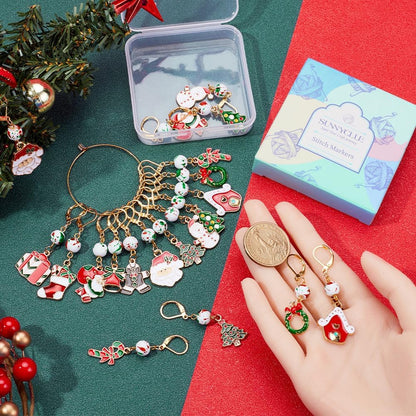 SUNNYCLUE 1 Box 20pcs Christmas Stitch Markers Crochet Knitting Markers Rhinestone Locking Stitch Markers Leverback Kntting Charms for Knitting Weaving Sewing Needleworks Women Adult DIY Crafts