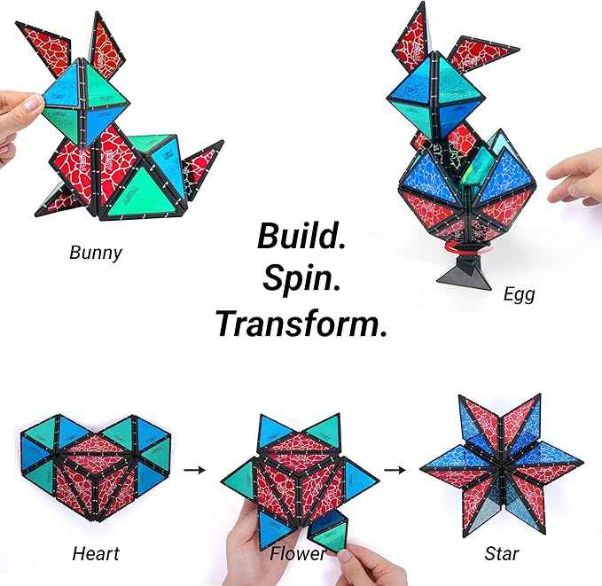 TOSY Magnet Pyramid Stone - 1 Cube Transforms into 1 Billion Shapes (Bunny, Egg, Flowers, Heart), Easter Basket Stuffers Gift, 12 pcs, 243 Magnets, Holographic Design, Puzzle/STEM Toy, 4-Pack