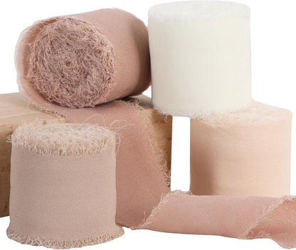 TONIFUL 4 Rolls Silk Chiffon Ribbon, 1-1/2 Inch x 22yds, Beige and Cream Chiffon Ribbons Set, Handmade Fringe Silk Ribbon for Gift Wrapping Bridal Bouquets Wedding Invitations Decoration Crafts - Crafty Corner