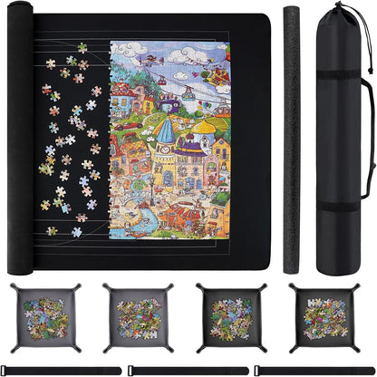 Puzzle Mat Roll Up with Drawstring Storage Bag, Portable Saver Pad 46” x 26” Up to 1500 Pieces with Non-Slip Rubber Bottom & Smooth Top + 4 Puzzle Sorting Trays & Travel-Friendly Storage Bag