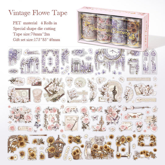 4 Rolls Pre-Cut pet Flower Tape Stickers Flower Vintage Stickers Decorative Tape Aesthetic Stickers for Journaling, Scrapbook Supplies