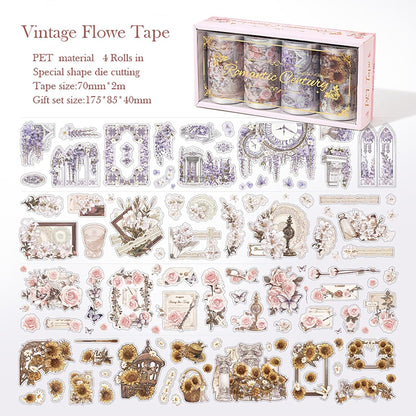 4 Rolls Pre-Cut pet Flower Tape Stickers Flower Vintage Stickers Decorative Tape Aesthetic Stickers for Journaling, Scrapbook Supplies