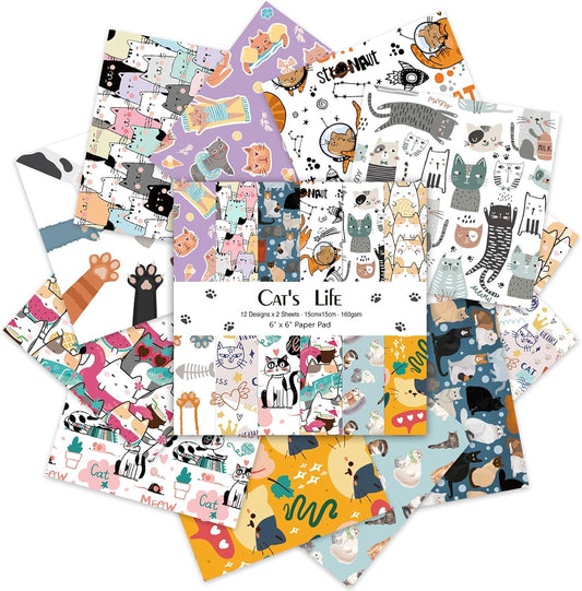 24 Sheets 12 Designs Scrapbook Paper Pad,6"×6” Single-Sided Decopodge Craft Cardstock Paper,Christmas Scrapbooking DIY Decorative Background Cardmaking Supplies.Cat's Life - Crafty Corner