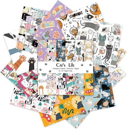 24 Sheets 12 Designs Scrapbook Paper Pad,6"×6” Single-Sided Decopodge Craft Cardstock Paper,Christmas Scrapbooking DIY Decorative Background Cardmaking Supplies.Cat's Life - Crafty Corner