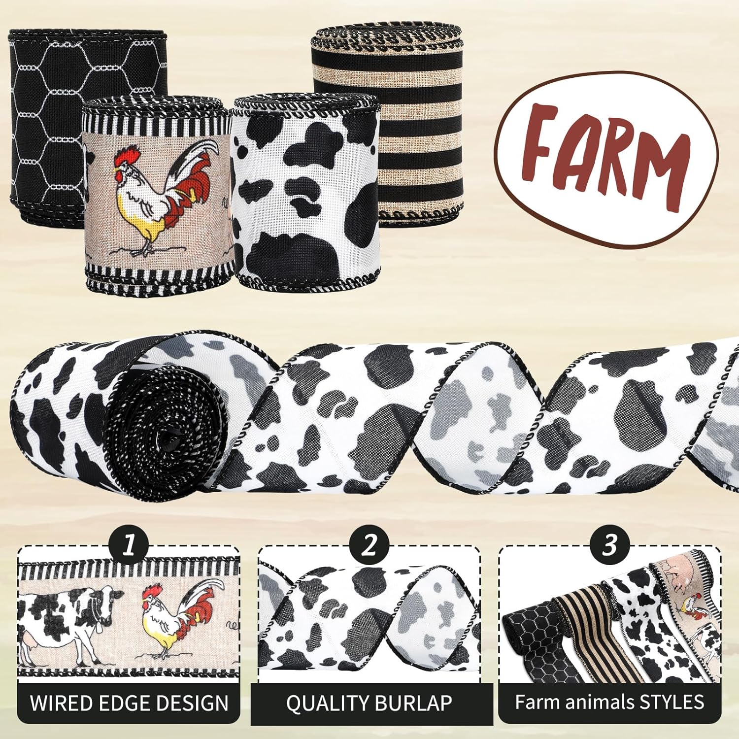 Farmhouse Animal Wired Edge Ribbons Cow Chick Pig Stripe Chicken Wire Decorative Fabric Wrapping Ribbons for DIY Crafts Wreath Bow Making Supplies, 4 Rolls, 24 Yard - Crafty Corner