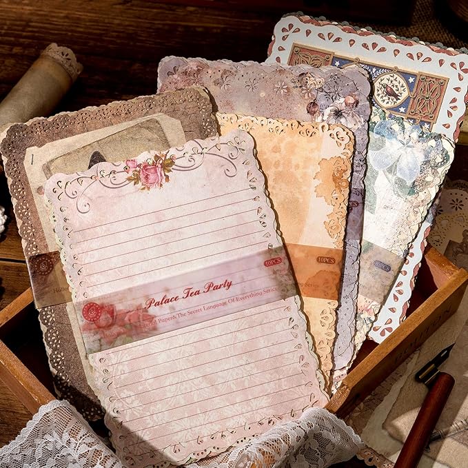 60 Sheets Lace Edged Scrapbook Stationery Paper Assorted Set - 6 Pack Vintage Paper for Letter Writing Scrapbooking Embellishments Planner Bullet Junk Journal Supplies Collage Background 4.9x6.9 Inch
