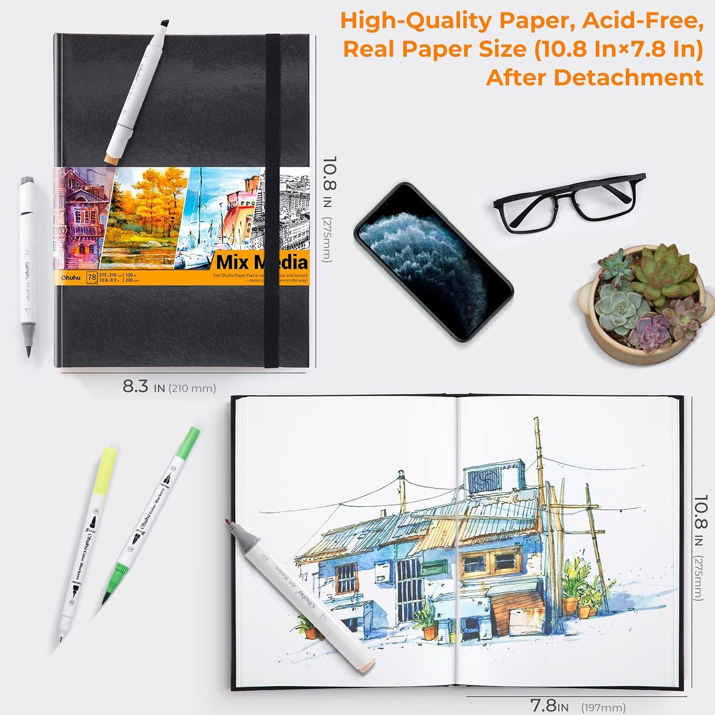 Ohuhu Mix Media Pad - 10.8"x8.3" Mixed Media Art Sketchbook, 120 llb/200 GSM Heavyweight Papers, 78 Sheets/156 Pages, PU Hardcover Mixed Media Paper Pad for Acrylic Painting Christmas Gift - Crafty Corner