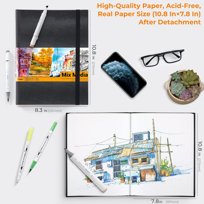 Ohuhu Mix Media Pad - 10.8"x8.3" Mixed Media Art Sketchbook, 120 llb/200 GSM Heavyweight Papers, 78 Sheets/156 Pages, PU Hardcover Mixed Media Paper Pad for Acrylic Painting Christmas Gift - Crafty Corner
