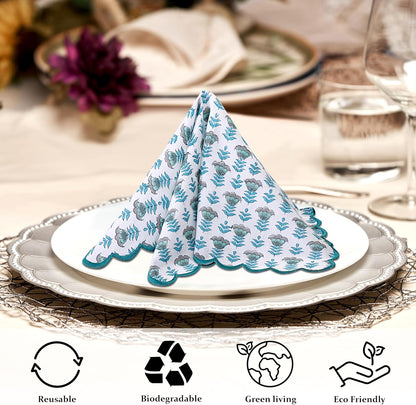 Ridhi Aquamarine Blue Hand Block Print Napkins 18" x 18" Set of 4 Reusable Cotton Dinner Napkins for Weddings, Parties & Everyday Dining, Thanksgiving, Christmas, Fall