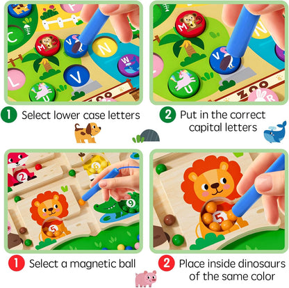 2 in 1 Magnetic Color and Number Maze Magnet Alphabet Counting Double Sided Board Wood Puzzle Fine Motor Skills Montessori Preschool Toys Gifts for Boys and Girls 3-5 Age (Zoo, One Size)