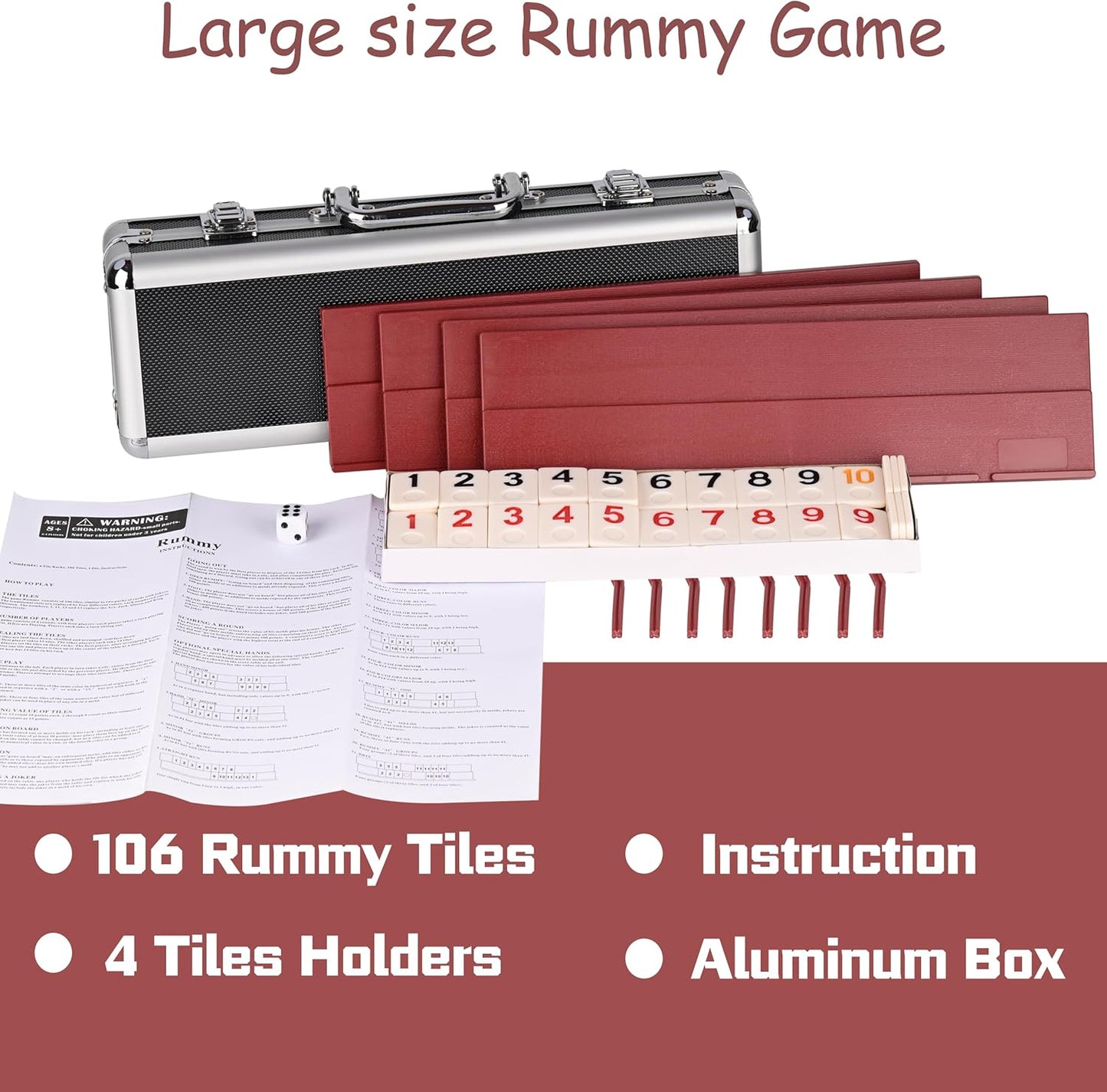 Doublefan Rummy Cube 4 Player Edition, 106 Rummy Cube Game Set with with 4 Plastic Racks in Portable Aluminum Case, Classic Board Game for Adults and Elderly.