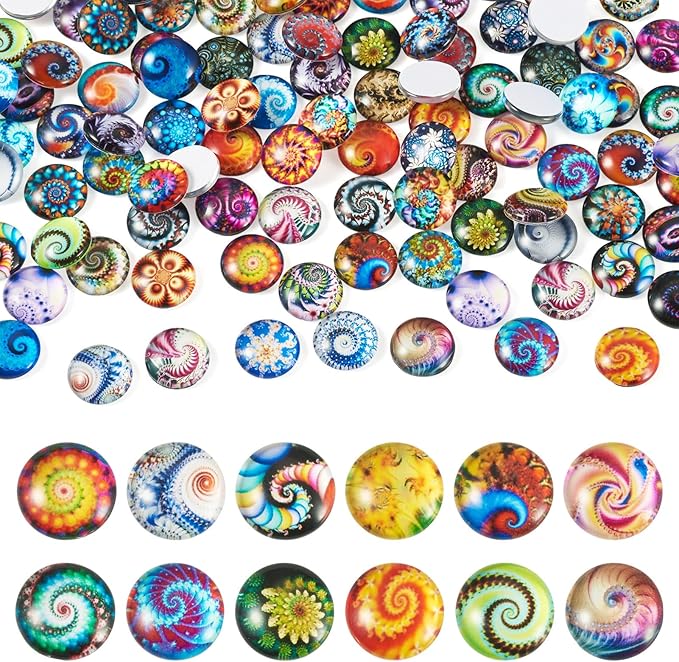 100Pcs Printed Glass Cabochons for Jewelry Making, Vortex Printed Half Round Cameo Dome Tiles Flatback Dome Cabochons for Photo Cameo Pendant Scrapbooking DIY Crafts
