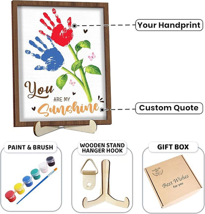 Personalized Handprint Wooden Sign You Are My Sunshine Frame with Paint, Handprint Kit, Custom Art Craft Family Keepsake, Mothers Day, Gifts for Baby Shower, New Parents, Grandparents, Nursery Decor