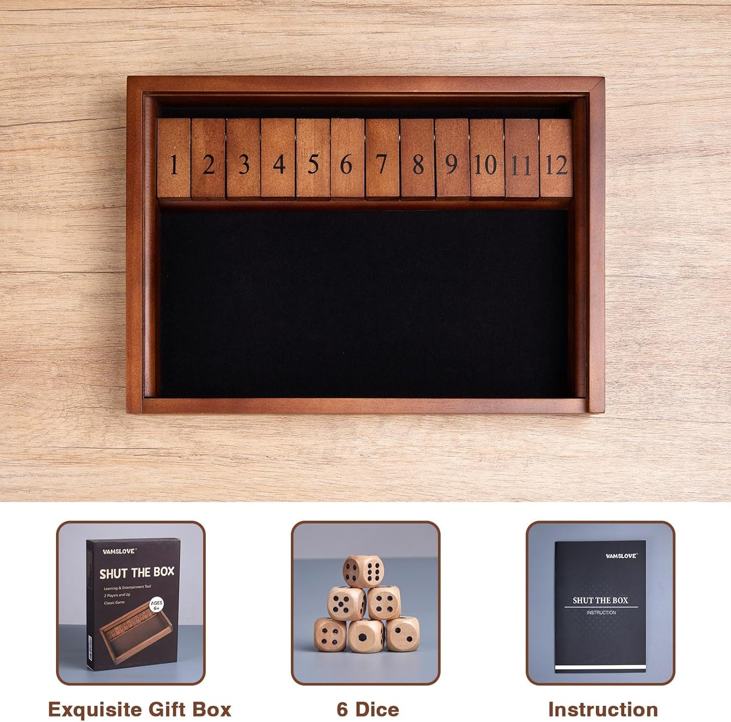 VAMSLOVE Shut The Box Dice Game Wooden Board Table Math Game for 2 Players and Up, 12 Numbers Close The Box with 6 Dice for Kids Adults Family (Instructions Included)