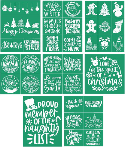 JAJADO Self Adhesive Christmas Silk Screen Stencils 9 Pcs, Winter Holiday Xmas Screen Print Transfers Chalk Mesh Stencils for Painting on Wood, Fabric, Glass, Pillow, Card, DIY Christmas Decoratio