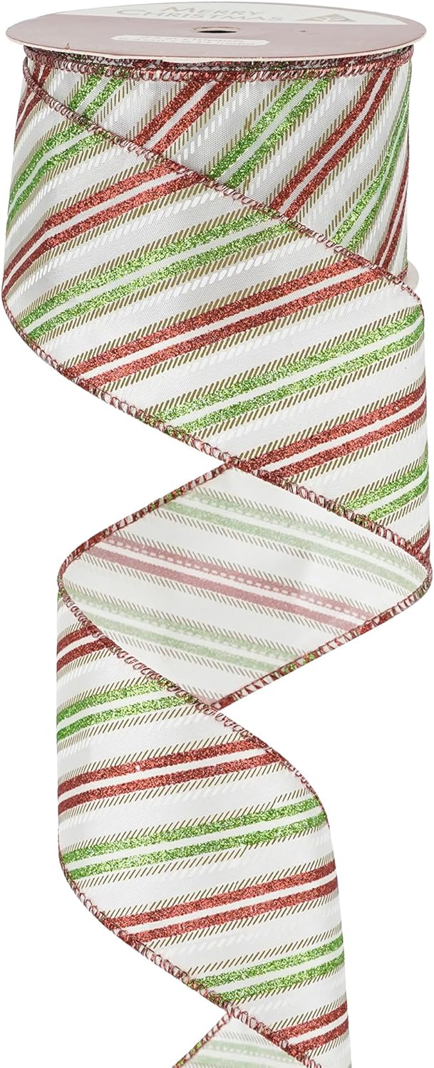 MEEDEE Red and Green Diagonal Striped Ribbon 2.5 Inch White Satin with Lime Green and Red Glitter Wired Ribbon for Christmas Tree, Garlands, Wreaths, Topper Bow (10 Yards) - Crafty Corner