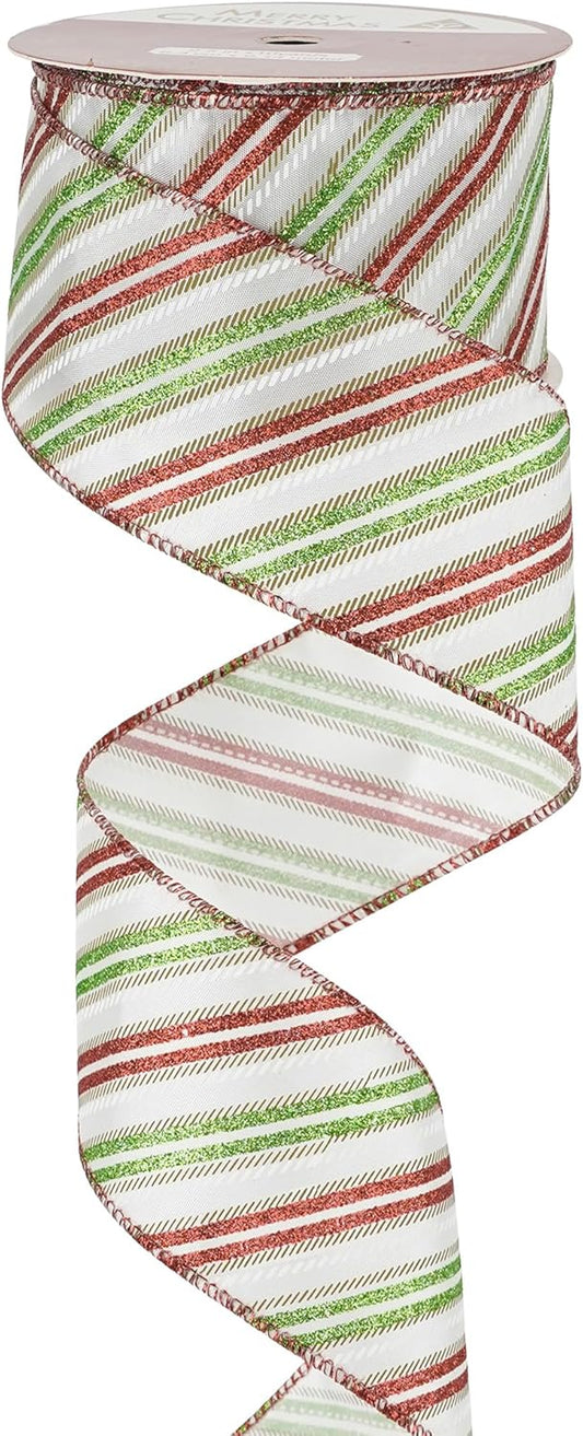 MEEDEE Red and Green Diagonal Striped Ribbon 2.5 Inch White Satin with Lime Green and Red Glitter Wired Ribbon for Christmas Tree, Garlands, Wreaths, Topper Bow (10 Yards) - Crafty Corner
