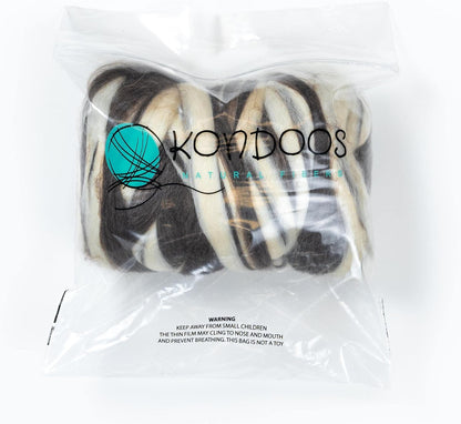 Kondoos Natural Wool roving, 8 OZ. Best for Needle Felting, handcrafts and Spinning. Natural Colours, un-Dyed. (Brown Zebra(Ecru/Mocha), 8 oz)