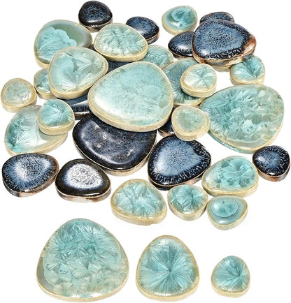 MECCANIXITY 200g Ceramic Mosaic Tiles for Crafts Bulk, Pebble Blue and Green Ceramic Tiles for Mosaic Kits Garden Stepping Stone Cup Mat