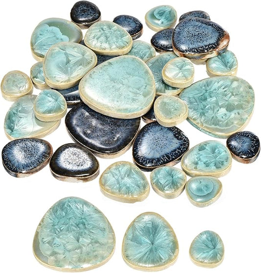 MECCANIXITY 200g Ceramic Mosaic Tiles for Crafts Bulk, Pebble Blue and Green Ceramic Tiles for Mosaic Kits Garden Stepping Stone Cup Mat