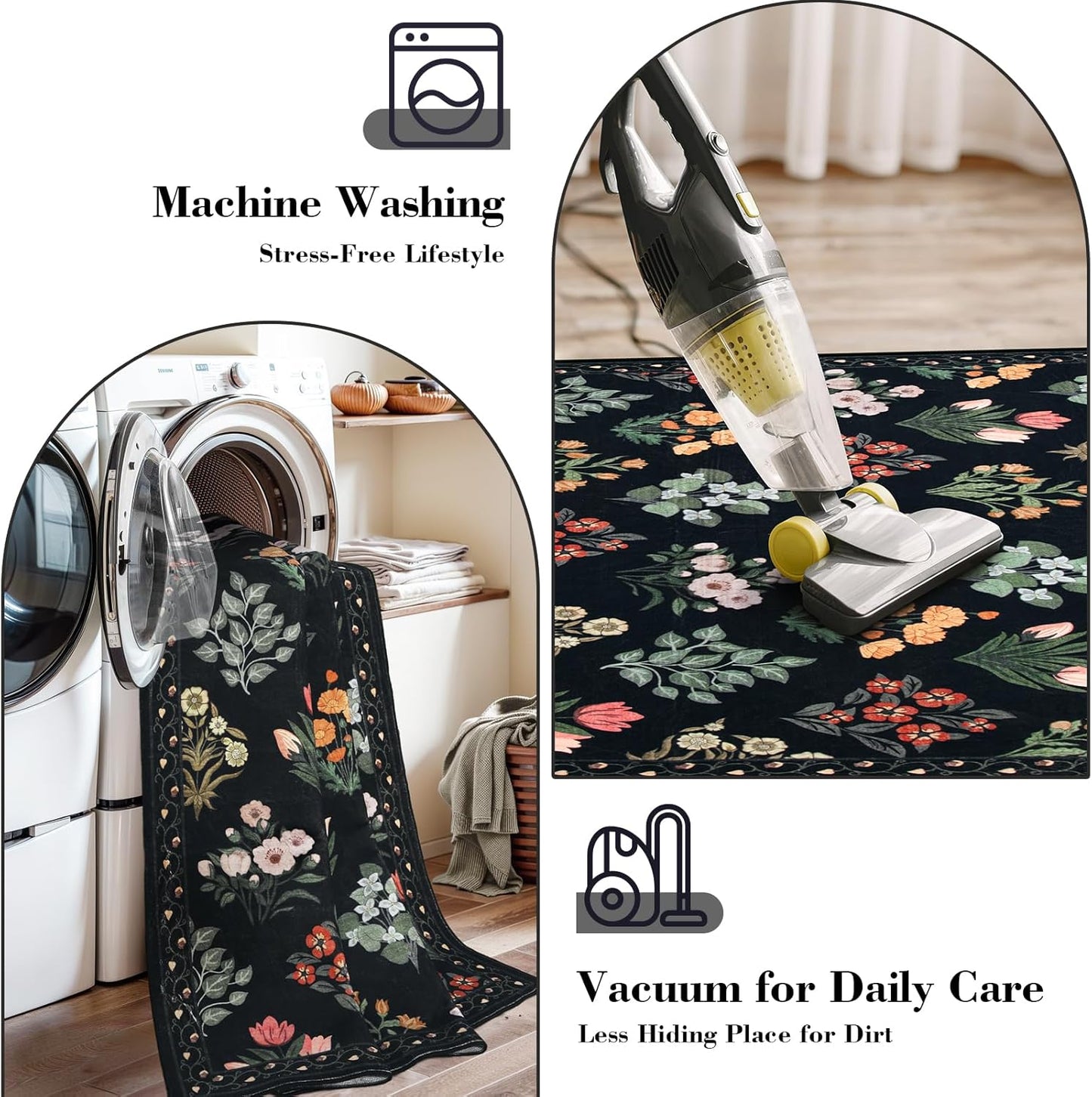 Wonnitar Washable 3x5 Area Rug, Floral Print Rugs for Entryway Indoor, Stain Resistant Moroccan Trellis Small Throw Carpet for Kitchen Laundry Dorm Office, Black/Multi