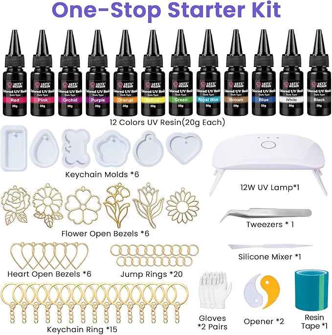 LET'S RESIN All-Inclusive Keychain Making Kit, 12-Color UV Resin with Keychain Molds Silicone, UV Light, 6 Styles Flower and Heart Open Bezels for Resin, Jewelry Making Kit for Beginners, Craft Decor