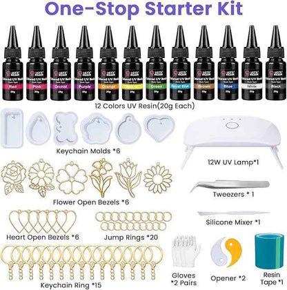 LET'S RESIN All-Inclusive Keychain Making Kit, 12-Color UV Resin with Keychain Molds Silicone, UV Light, 6 Styles Flower and Heart Open Bezels for Resin, Jewelry Making Kit for Beginners, Craft Decor