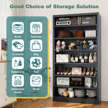 55" Storage Cabinet with 6 Adjustable Shelves (8 Tiers Total), Metal Shelving Unit for Garage, Pantry, Office – Easy Assembly, Durable Freestanding Organizer (Black, 7 Tier-55"H x 27.6"W x 11.8"D)