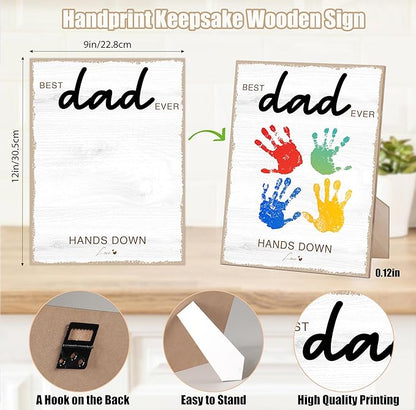 Hands Down Best Dad Ever Handprint Art Wooden Sign with Stand and Hook, DIY My 1st Father Day Crafts Keepsake, 9x12 Inch Personalized Gifts for Dad Daddy from Wife Daughter & Son