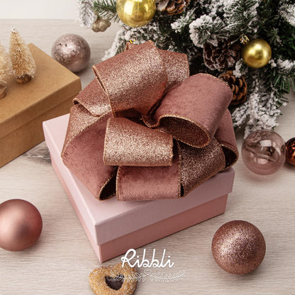 Ribbli Rose Gold Velvet Wired Ribbon 2.5 Inch Dusty Rose Velvet with Rose Gold Glitter Christmas Ribbon for Christmas Tree Decoration Big Bow Gift Wrapping Crafts Wreaths Supplies- 10 Yards - Crafty Corner
