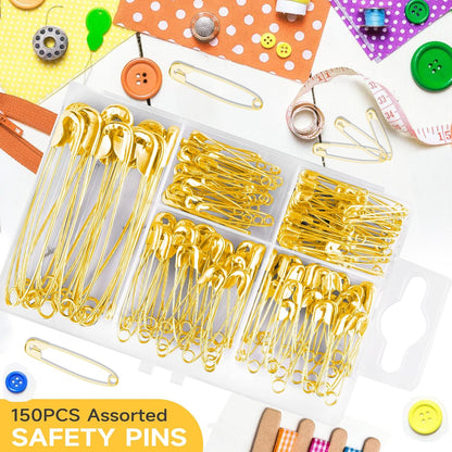 Huhuhero Safety Pins Assorted, 160-Pack 5 Different Sizes Small and Large Safety Pins for Clothes Fabric Costume, Nickel Plated Steel Pin Bulk, Sewing Arts Crafts Supplies, Gold