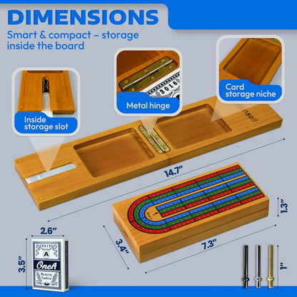 Cribbage Board Game Set with Storage - Classic Game Travel Cribbage Board with Wooden Card Storage for Adults & Kids - Ideal for Game Night