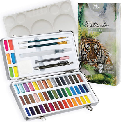 MozArt Supplies - Watercolor paint set 51 Vibrant Colors + accessories - For beginners & professionals
