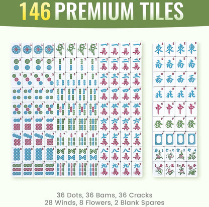 Chinese Mahjong Game Set 146 Qulity Mahjong Green Tiles 1.4-inch Chinese Mahjong Game Set with Blue Printed Carrying Bag [中式麻將 專業套裝](Tiles ONLY, Racks Not Included)