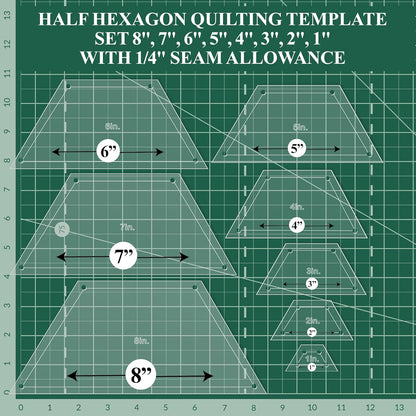 Hexagon Quilting Template Set - 8", 7", 6", 5", 4", 3", 2", 1" Sizes with 1/4" Seam Allowance - Durable Acrylic Templates for Quilting, Patchwork, Crafting, & Sewing Projects