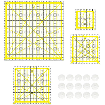 Quilting Rulers, Sewing Rulers, 4 Piece Quilting Square Templates, Acrylic Rulers with Non-Slip Rings for Sewing (3.5"X3.5", 5"X5", 6.5"X6.5", 10.5"X10.5") (Yellow)