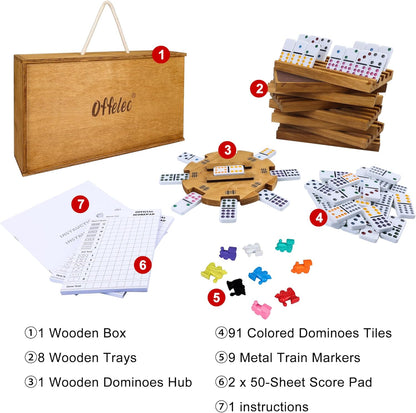 Mexican Train Dominoes Set with 8 Holders, Double 12 Dominos Set for Adults, Mexican Dominoes Train for Kids and Family Game, Mexican Train Games with 91 Colored Tile Dominos and Wooden Box