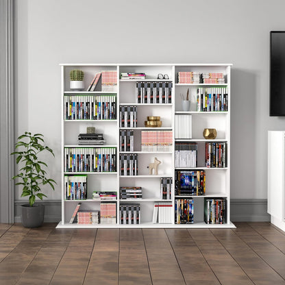 Prepac 3 Column 51" Tall White Display Multimedia Cabinet, Wood Media Storage with Removable Sheves, Modern Multimedia Storage Unit with 21 Adjustable Shelves for Books, DVDs and Collectibles, White