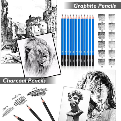 Caliart 176PCS Art Supplies Sketching Kit with 100 Sheets 3-Color Sketch Book, Graphite Colored Charcoal Watercolor & Metallic Pencils, Drawing Supplies Christmas Gifts for Artists Adults Beginners