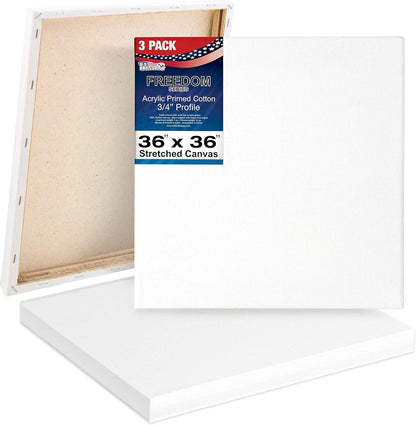 U.S. Art Supply 36 x 36 inch Stretched Canvas 12-Ounce Triple Primed, 3-Pack - Professional Artist Quality White Blank 3/4" Profile, 100% Cotton, Heavy-Weight Gesso - Acrylic Pouring, Oil Painting