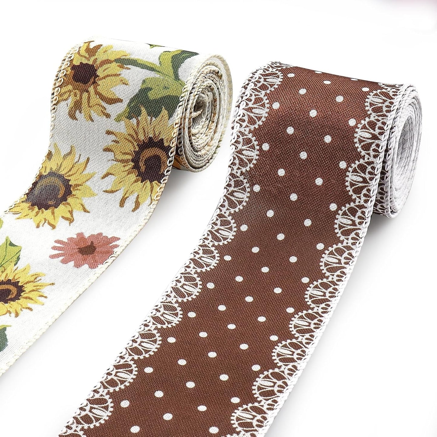 2 Rolls 10 Yard Thanksgiving Fall Wired Ribbon for Crafts Wreath Bow Making Sunflower Dot Ribbon Autumn Harvest Burlap Ribbon for Wrapping Thanksgiving Party Home Decoration 2.5'' - Crafty Corner