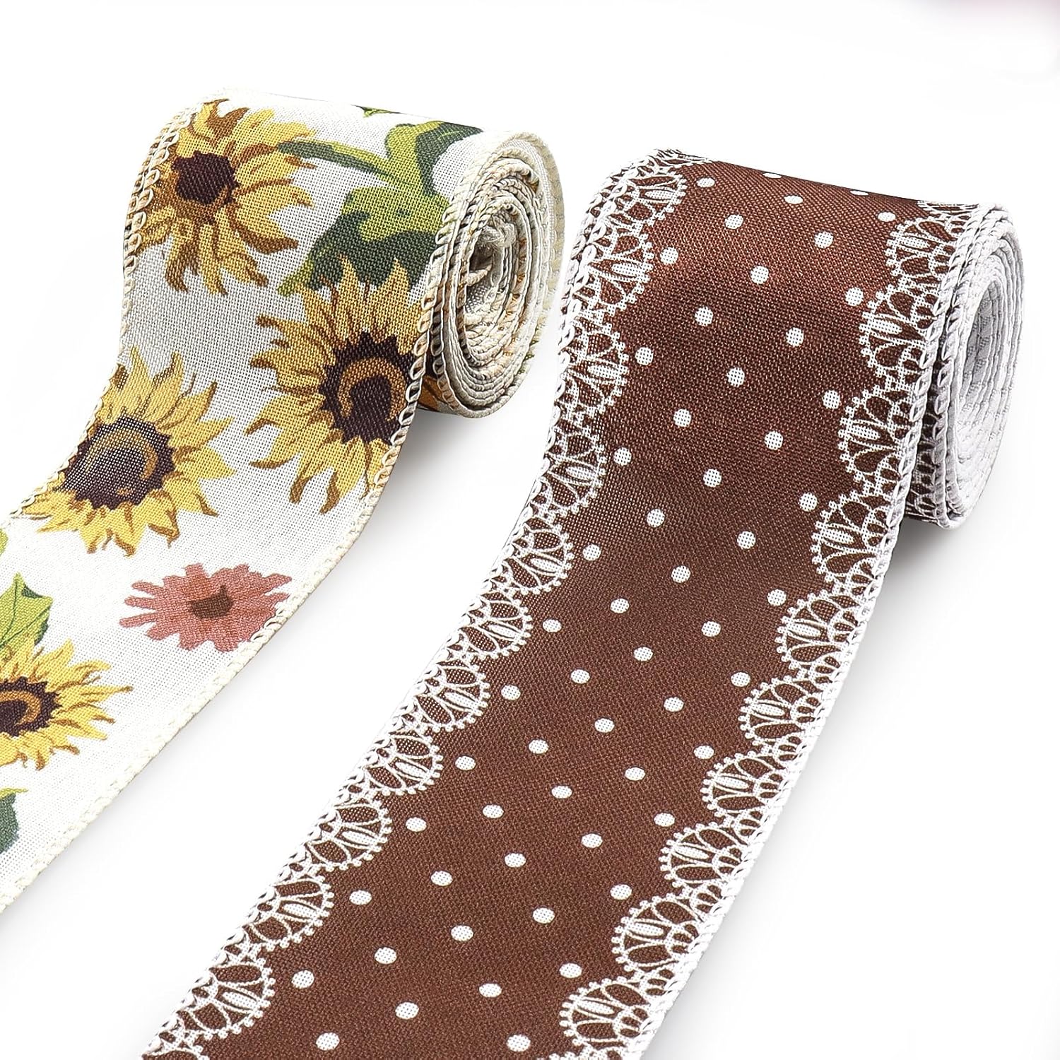 2 Rolls 10 Yard Thanksgiving Fall Wired Ribbon for Crafts Wreath Bow Making Sunflower Dot Ribbon Autumn Harvest Burlap Ribbon for Wrapping Thanksgiving Party Home Decoration 2.5'' - Crafty Corner
